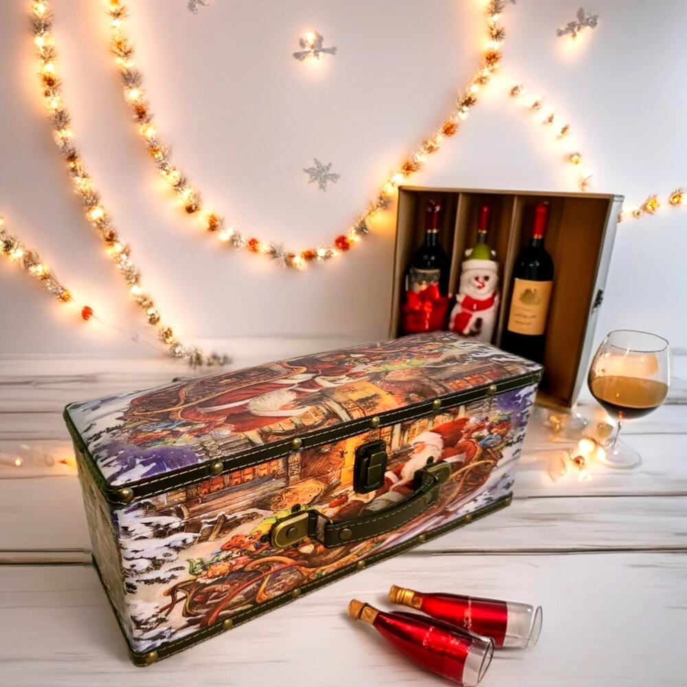 Santa Sleigh Wine Gift Box Faux Leather with Corkscrew Accessory Set Christmas
